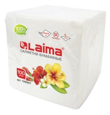 Салфетки бумажные 100 штук, 24х24 см, LAIMA, белые, 100% целлюлоза, 126907