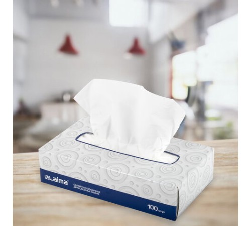 Салфетки косметические 100 штук в картонном боксе, 2-слойные, LAIMA/ЛАЙМА, 19,5х20 см, 126909