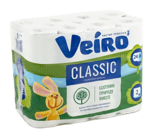 Бумага туалетная бытовая, спайка 24 шт., 2-х слойная (24х17,5 м), VEIRO Classic, белая, 5с224