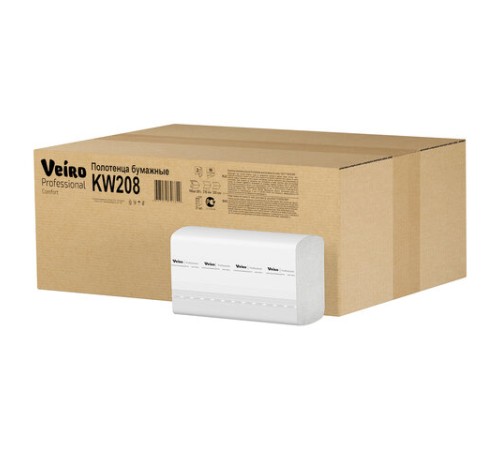 Полотенца бумажные 150 шт., VEIRO (Система H2) COMFORT, 2-слойные, белые, КОМПЛЕКТ 21 пачка, 32х21,6, W-сложение, KW208