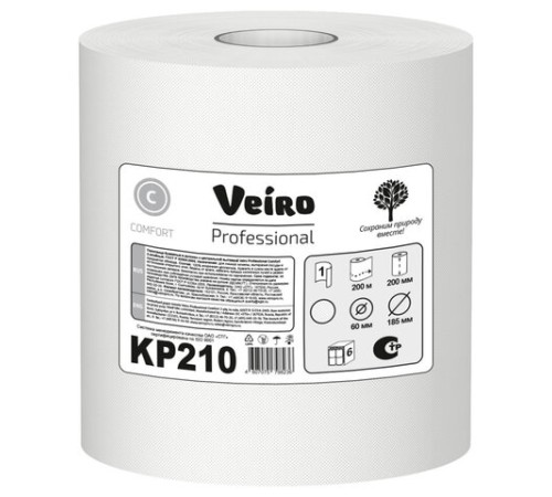 Полотенца бумажные с центральной вытяжкой 200 м, VEIRO (Система M2) COMFORT, 1-слойные, белые, КОМПЛЕКТ 6 рулонов, KP210, КР210